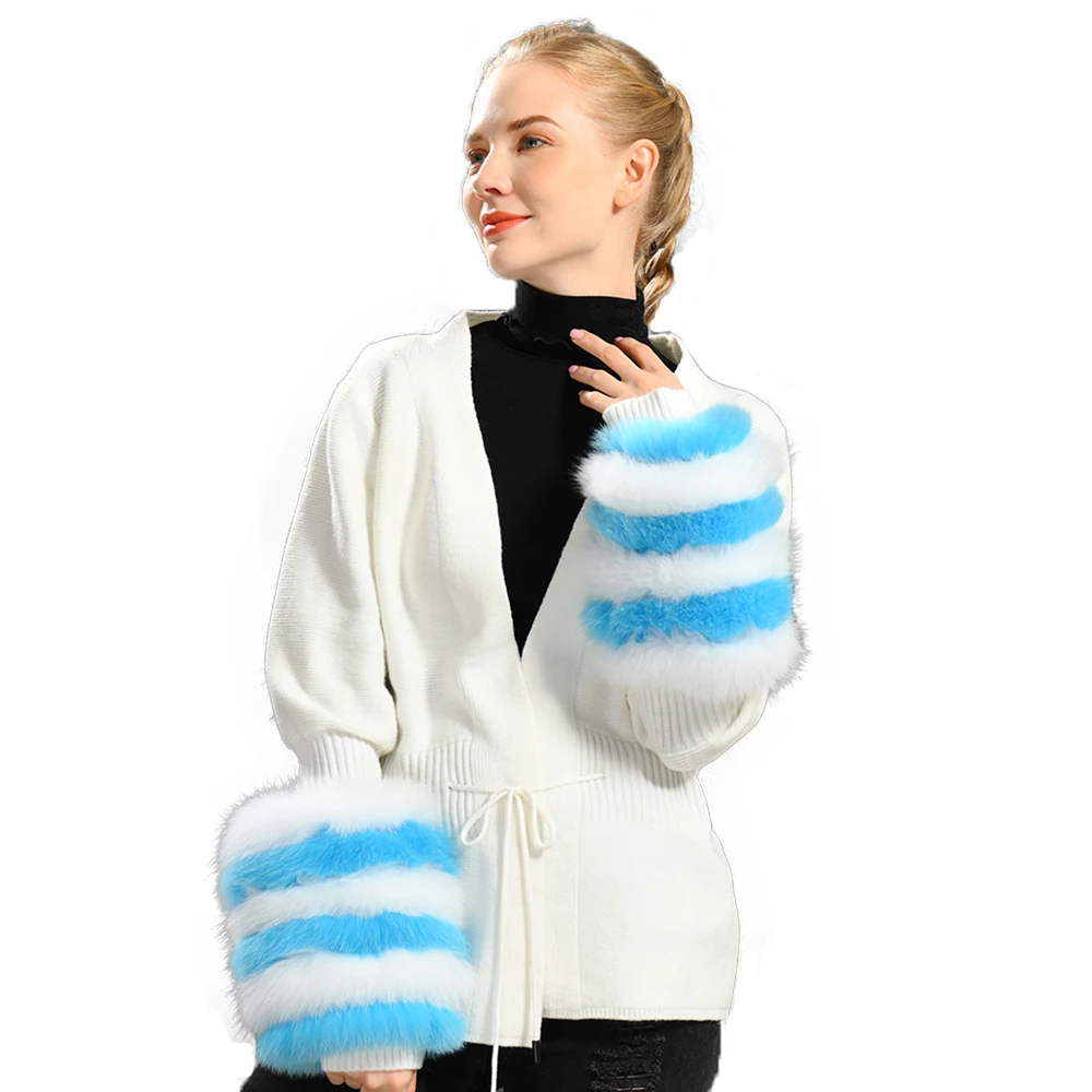 Wholesale Winter Fashion Warm Wool Sweater Knitted Cardigan Luxury Big Fur Cuffs Women Real Fox Fur and Cashmere Sweaters