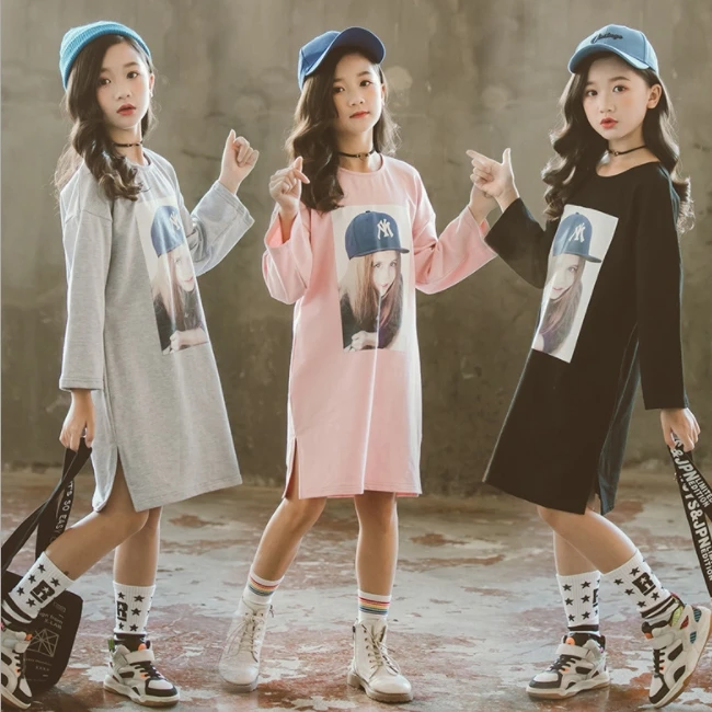 KS8192 2019 one piece long sleeve beautiful chinese model printed kids girls casual dresses