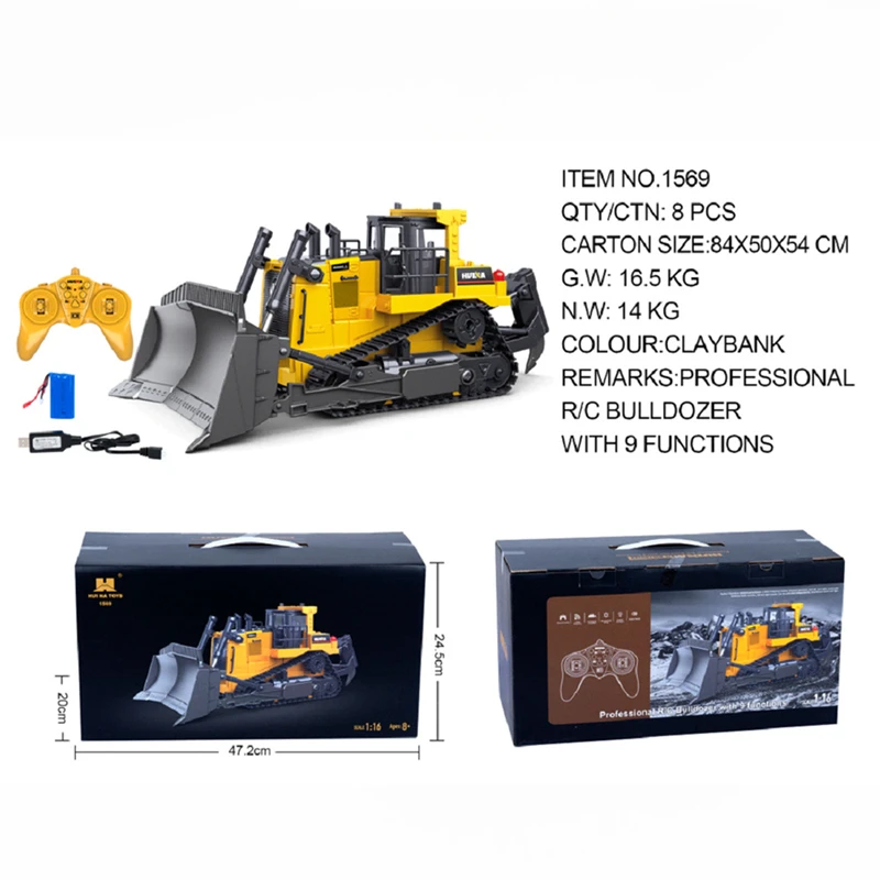 Huina 1569 remote controlled heavy bulldozer alloy track 1:16 engineering vehicle 9-channel electric forklift toy