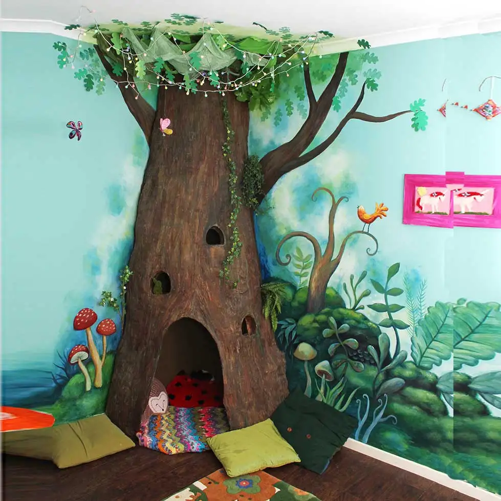 Stylized indoor or outdoor kid amusement park artificial plastic fiberglass wooden tree house