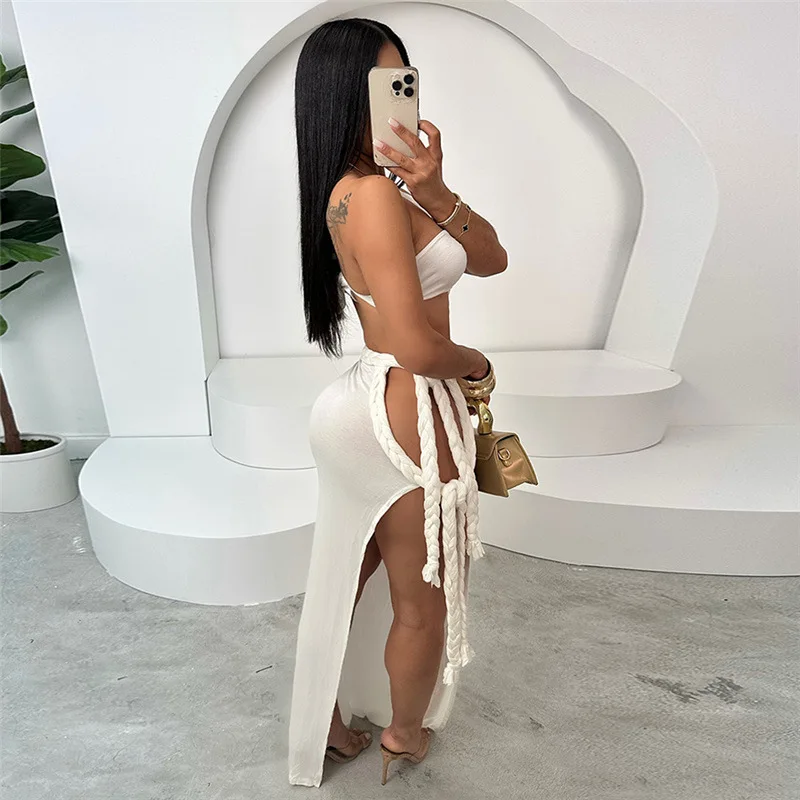 2024 Summer New Sexy Open Back Splitting Tie Up Irregular Style Dress for Women