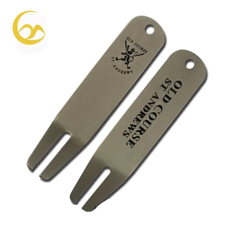 Engraved logo bent divot tools custom logo metal golf pitch repair fork