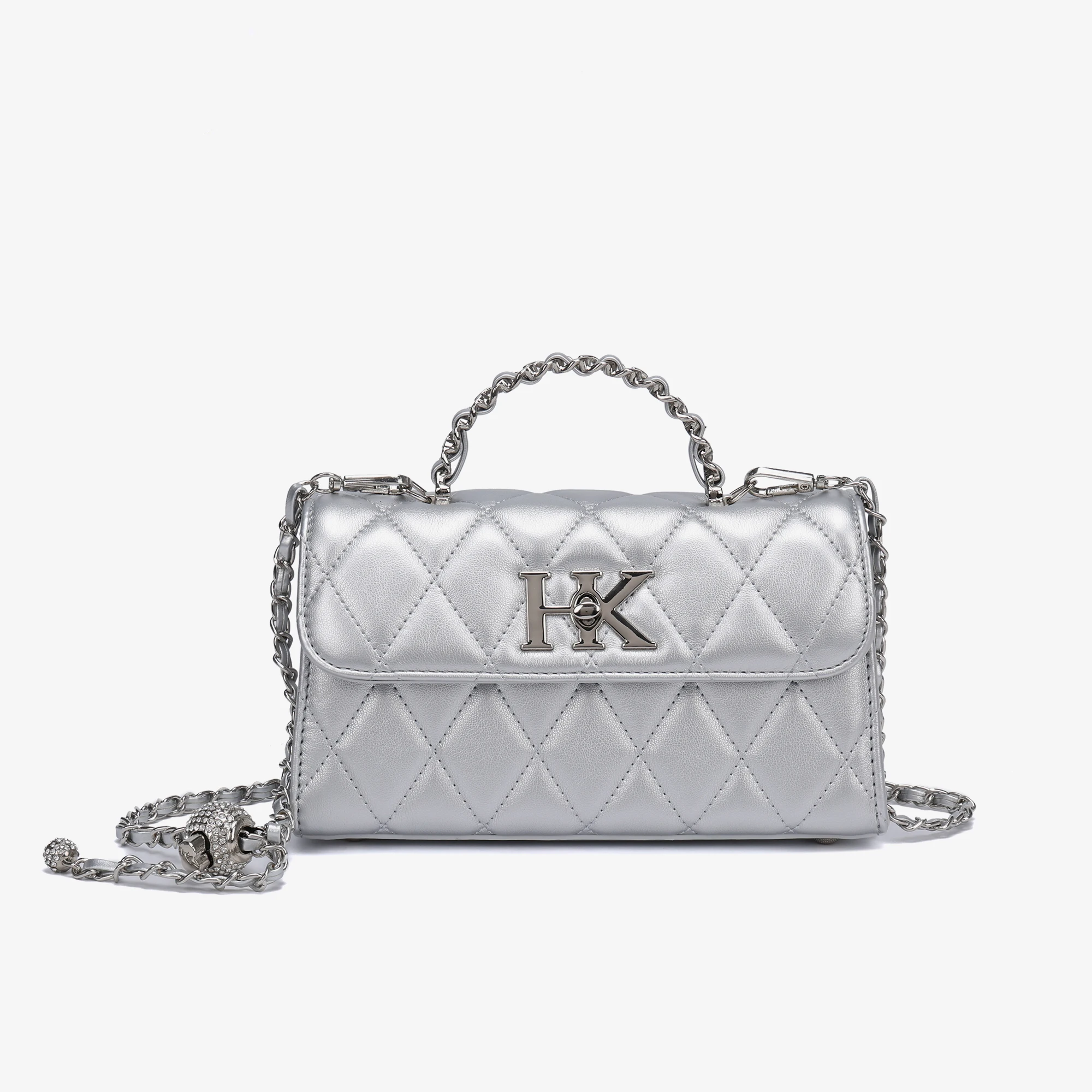 Silver Diamond Lattice Cross Body PU Leather Handbag Custom Logo Luxury Design  Metal Handle Messenger Bag Ladies Hand Bags