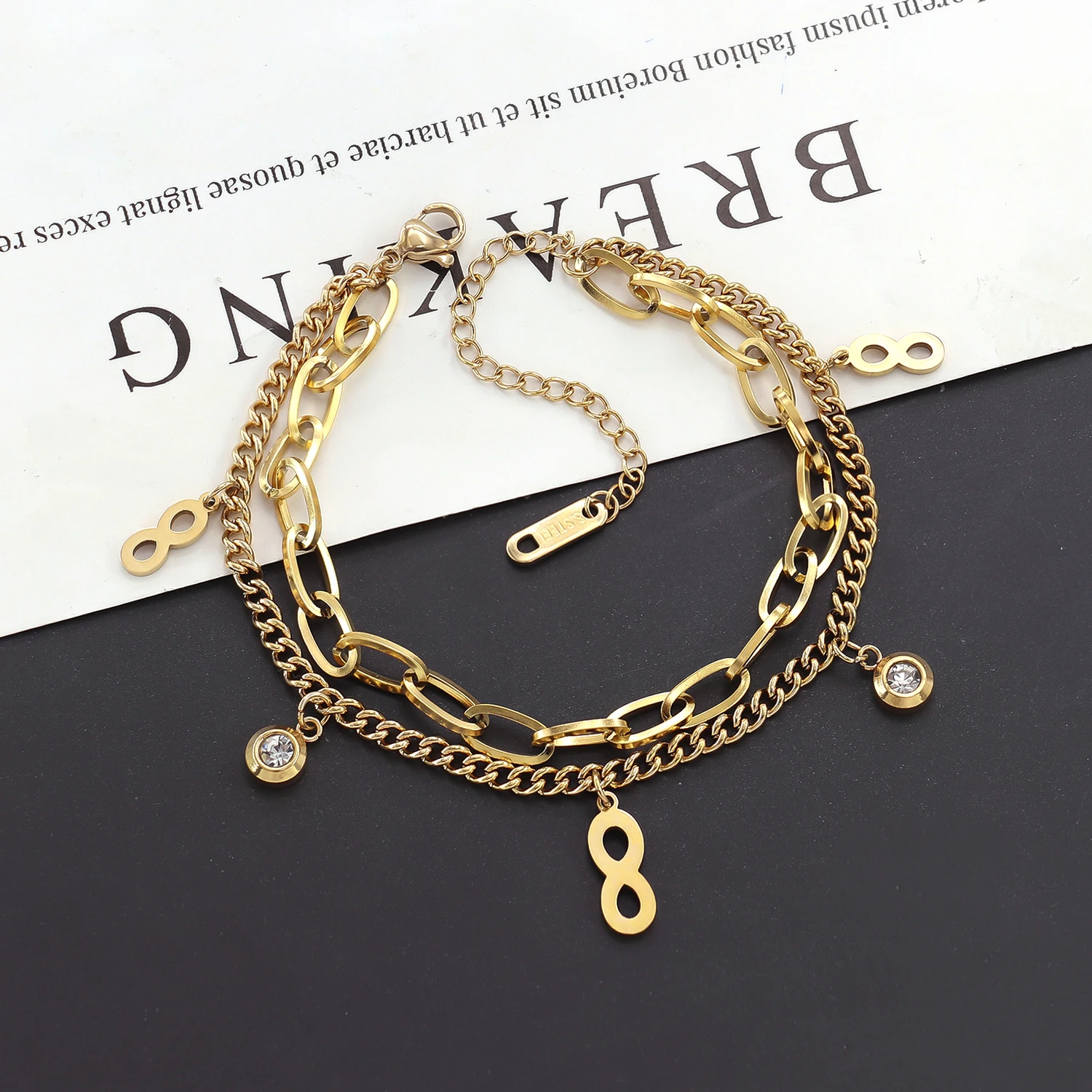 New Trendy Unisex Jewelry 18K Gold Plated Stainless Steel Double Layered Infinity Symbol Diamond Pirate Anchor Coin Bracelet