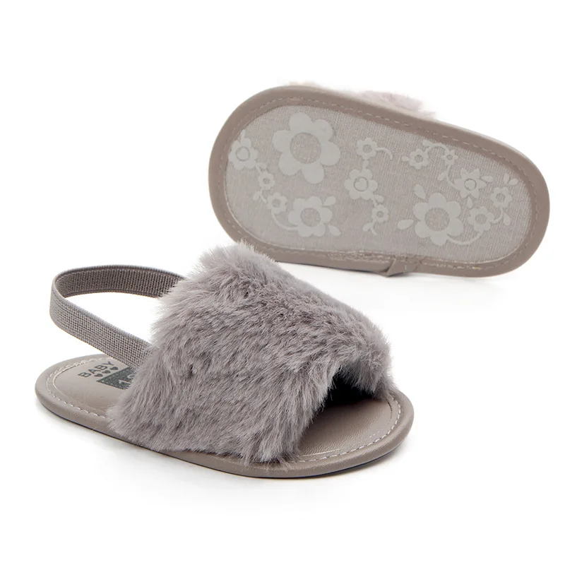 Toddler Baby Girls Plush Sandals Soft Sole Faux Fur Flats Prewalker Slippers With Elastic Back Strap