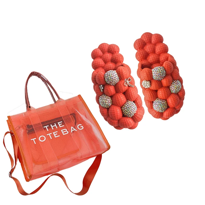 Tiktok Hot Women Massage Pink Bling Bubble Slides Rhinestone and Fashion Clear Jelly Tote Bag Set for Summer