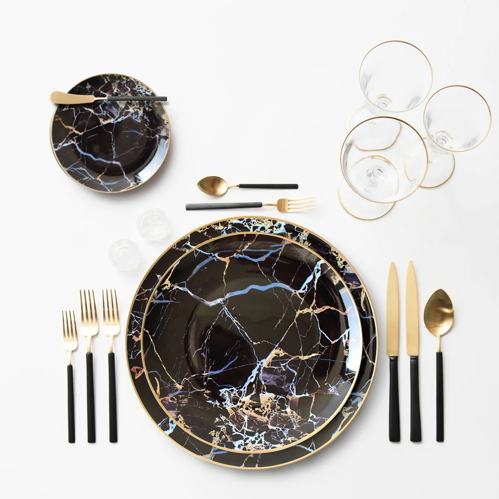 Wholesale bone china ceramic black marble dinner plate round ceramic dishes