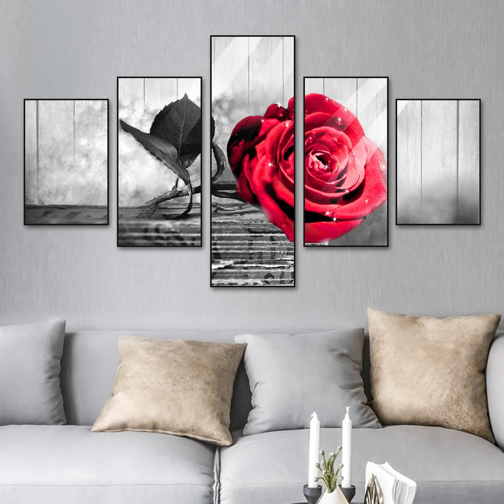 black and white rose Painting Decorative Home Decoration Living Room Picture Prints 5 Piece Wall Art
