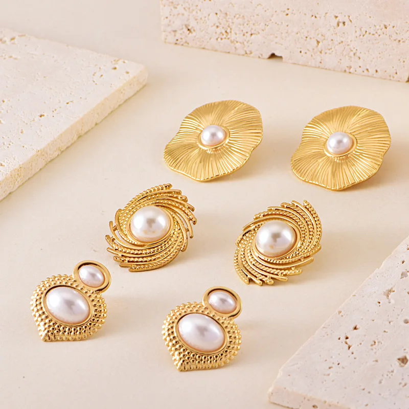 Fashion exaggeration Earrings Stainless Steel Flower earrings Pearl set spiral hurricane shaped pearl studs woven earrings