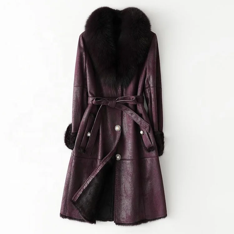 Luxury winter long style with belt real fox fur collar genuine fur jacket rabbit fur coat for women