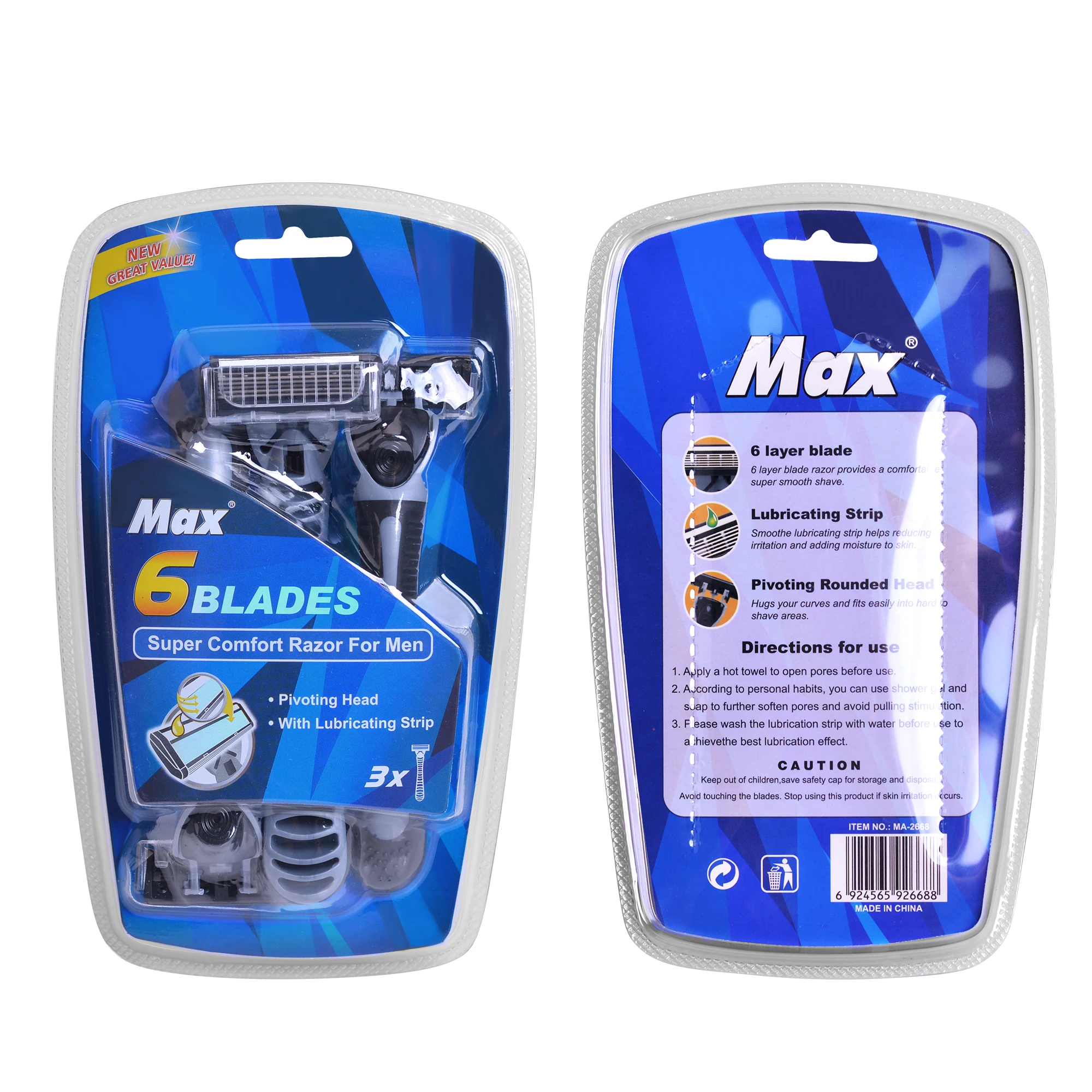 High quality 6 blades popular design shaving razor 3 pieces razor for men