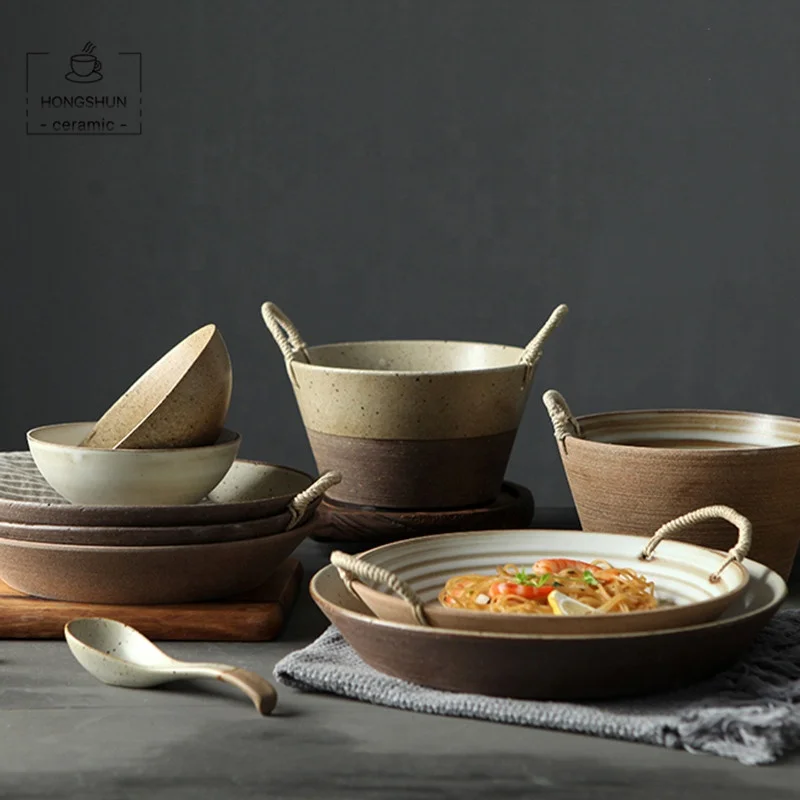 Скандинавская керамическая посуда в стиле ретро, глубокая тарелка из пеньковой веревки, керамическая большая тарелка для супа, Салатница