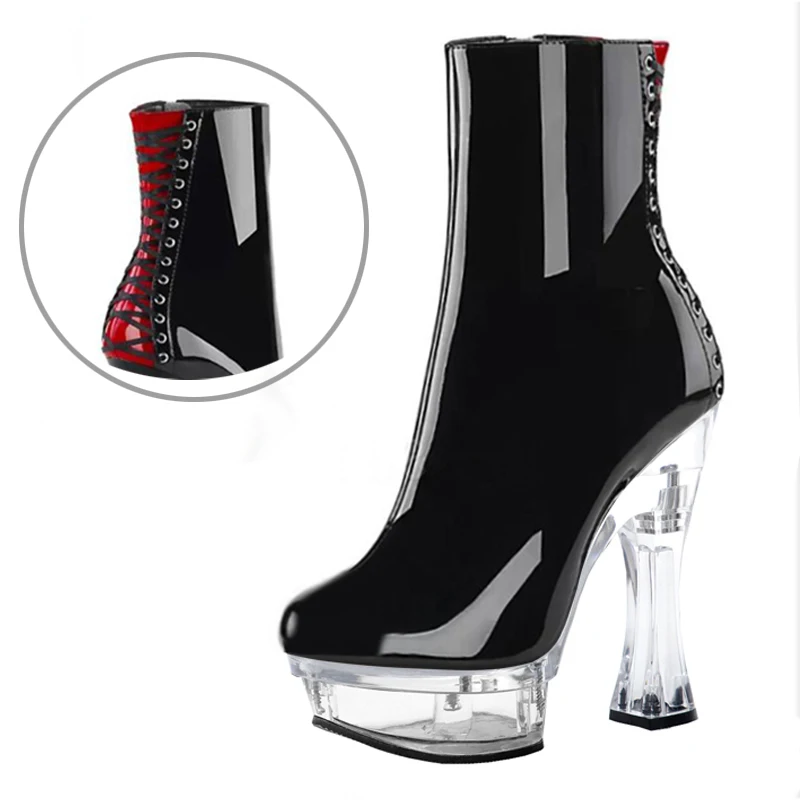 14cm back strap high-heeled PU leather boots ultra-high ankle Dance Shoes Sexy nightclub pole dance T-stage model walk show high