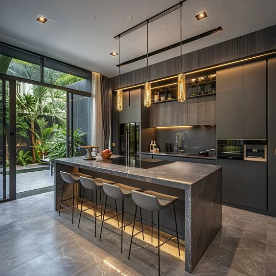 Vermonhouzz Customized design MDF lacquer handle less complete kitchen cabinet with island overhang bar