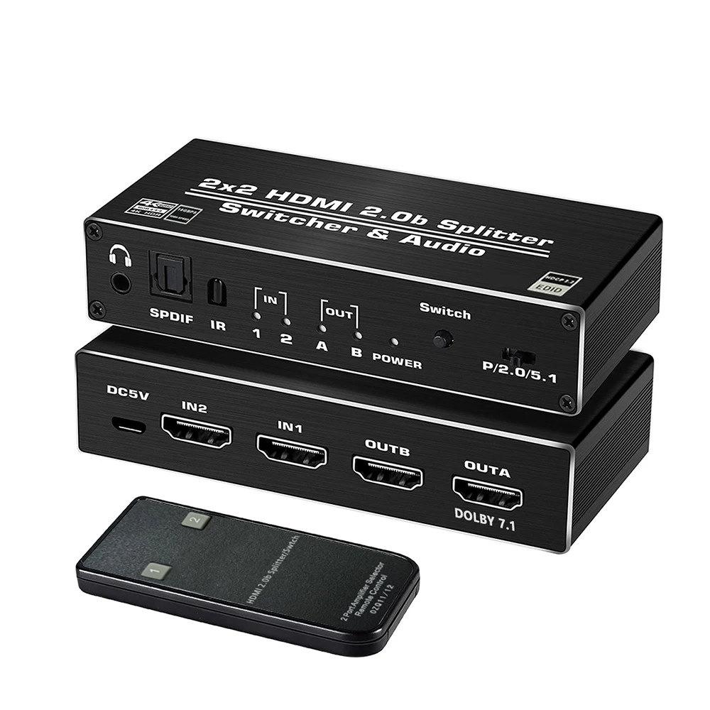 HDMI 2.0 Splitter Switcher 2X2 HDMI Audio Splitter with ARC Supports HDCP Decoder SPDIF /3.5mm Jack  Origin GUA