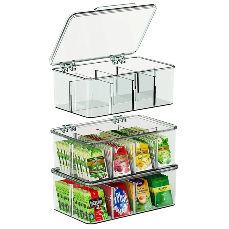 Stackable Tea Bag Storage Organizer with Lid, Clear Multi-Functional Kitchen Organizer with Removable 8 Compartment