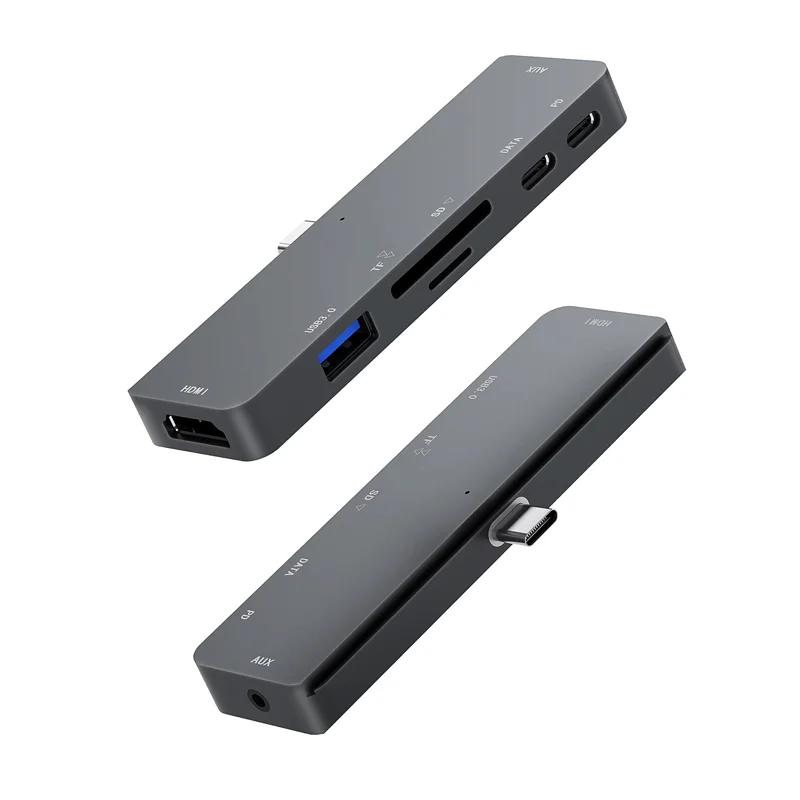 Multi function Usb Type-C 7 in 1 Hub with 4K HD-MI USB3.0 Type C PD SD/TF Card reader 3.5 stereo audio aluminum alloy for ipad