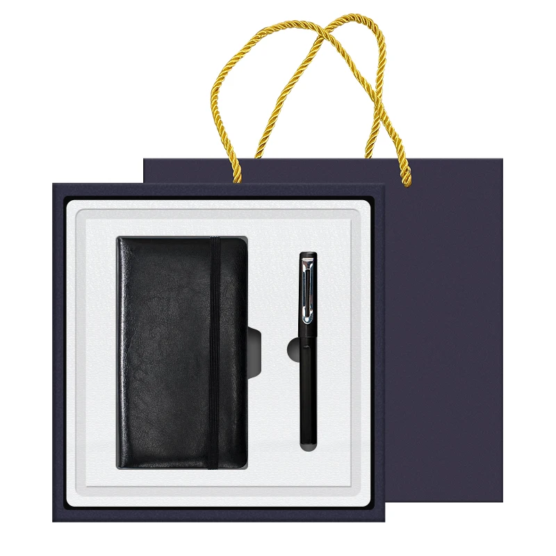 High end fashion A6 hard cover leather notebook and pen cheap gift set business