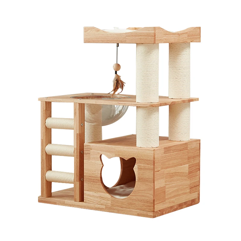 Large Cat Tree & Scratcher Climbing Frame for Feline Enjoyment Made Paper Plastic Rubber Solid Wood Feather Leather