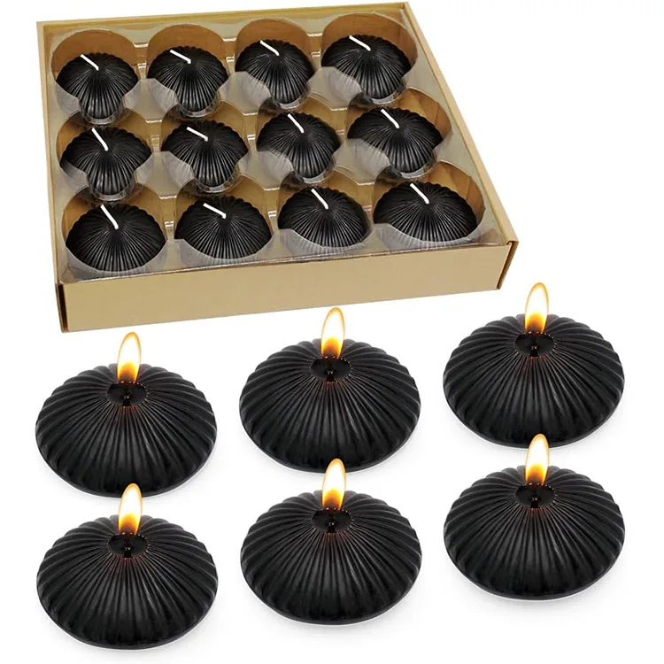 New Design Hand Poured Paraffin Wax Dinner Candles 2 Inch Unscented Black Floating Water Candle For Halloween Holiday Decoration