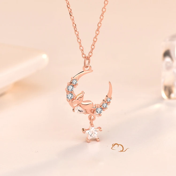 925 Sterling Silver Five Pointed Star Zircon Sleep Mouse Moon Necklace