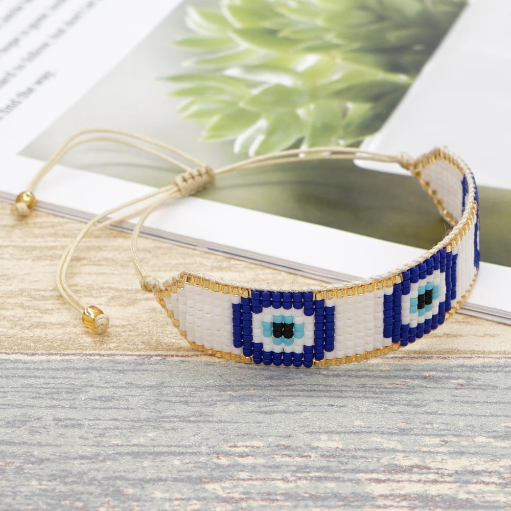 Go2BoHo Miyuki Evil Eye Beaded Bracelet BOHO Fashion Jewelry Three Eyes White / Golden Handmade Woven  Beads Bracelets