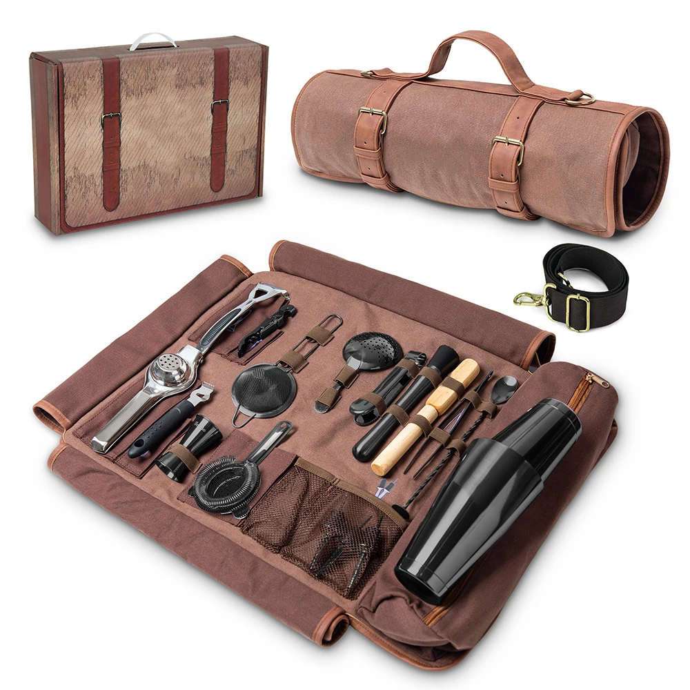 Custom Logo 17 Pcs Portable Stainless Steel Bar Tool  Travel Bartender Kit Bag Cocktail Shaker Set