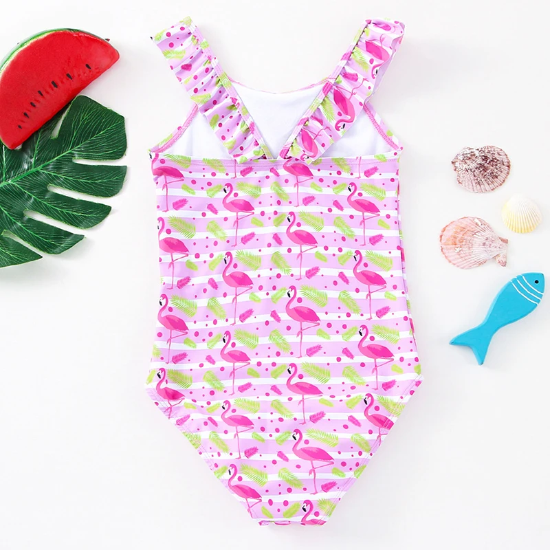 Pink Flamingo Girl One-Piece Swimsuit for Girls and Children Small Ruffled Beachwear Supply