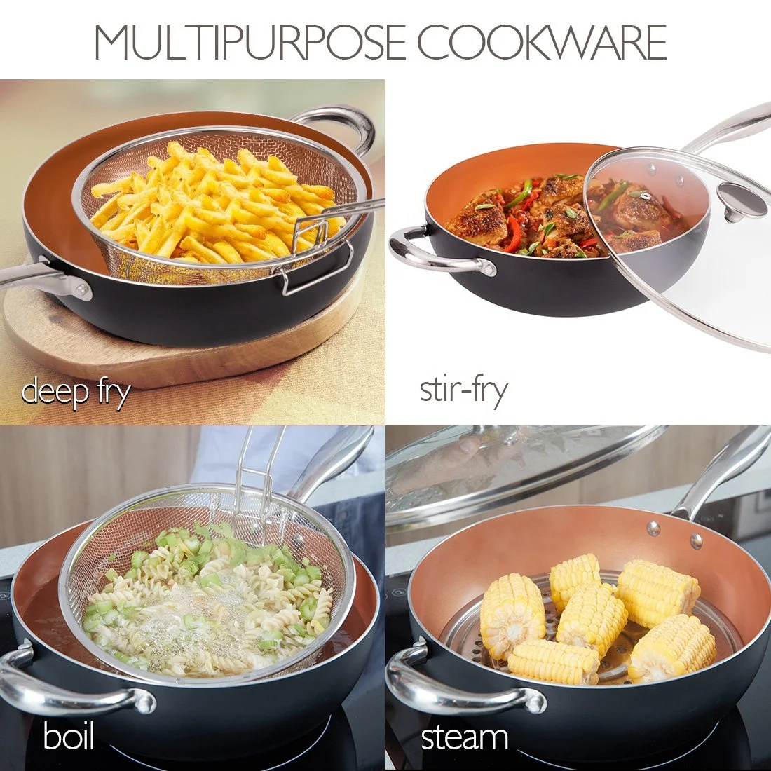 5 Quart Nonstick Copper Ceramic Wok and Stir Fry Pans With Lid, Frying Basket & Steam Rack