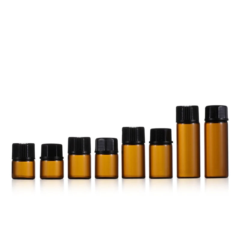 1/2/3/5ml Mini Bottle Empty Glass Plastic Amber Essential Oil Bottle with Orifice Reducer Brown Vials