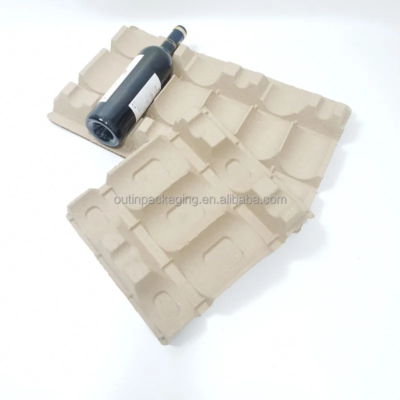 biodegradable eco Molded pulp wine bottle packaging inner tray wine bottle shipper tray paper pulp tray for wine bottles carrier