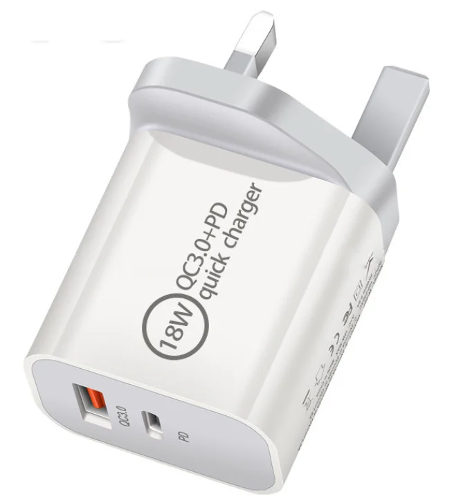 
Fast Charging UK Plug 18W PD USB C Type-C QC3.0 Quick Charge Dual Wall Charger Travel Adaptor 