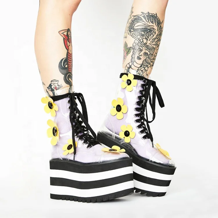 Transparent PVC Women Dress Shoes Sexy Platform Wedges Chunky Heel Flowers Pumps Lace Up High Heel Clear Women Ankle Boots