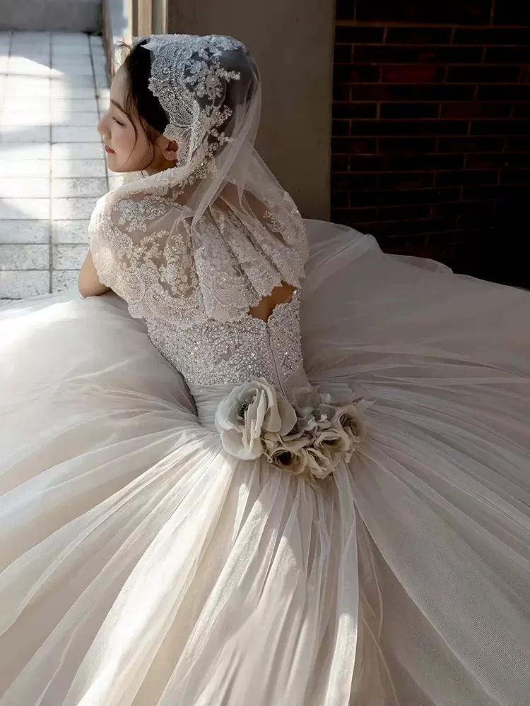 Luxury Tulle Wedding Dress New Applique Bridal Tube Top Temperament Trailing Dress Summer French Style Ball Gown