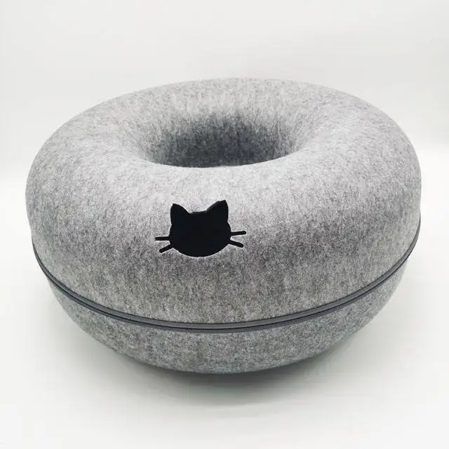 Hot selling wholesale manufacturer zipper playable and livable feline nest round wool felt pet beds pet cat tunnel cave