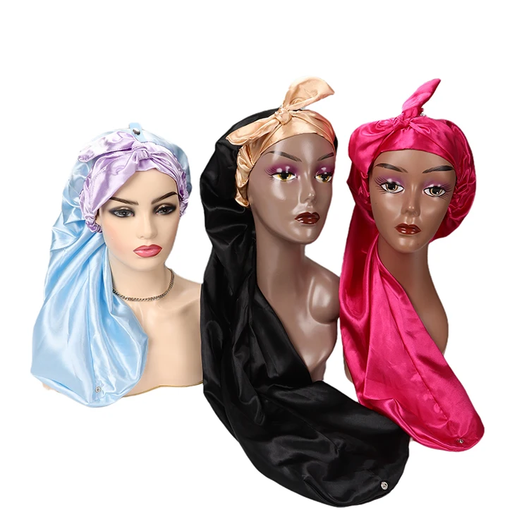 Оптовая продажа, атласная Кепка для сна с лентой, галстуком-бабочкой, головные повязки, косички для волос, шелковые атласные головные уборы, шапки для сна