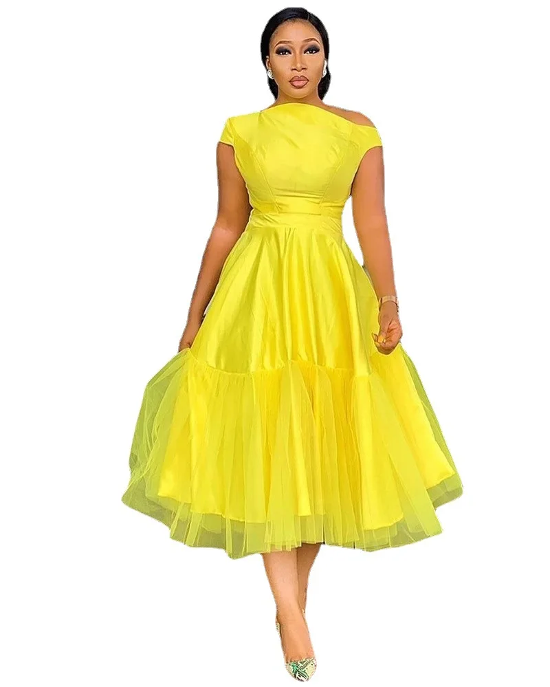 African Plus Size Summer Sexy Casual Solid Large Yellow Women Dress Lace Dresses