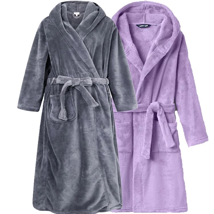 soft fleece hooded bathrobe custom long coral fleece bathrobe/polyester spa robe plush winter fleece ful length bath robe