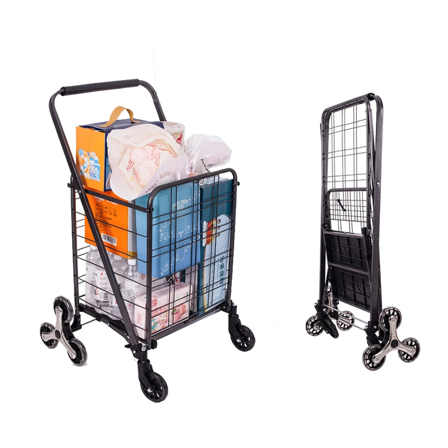 Economic Eco Friendly Black Foldable Basket Shopping Trolley Shopping Carts for Groceries With Metal Wire Basket