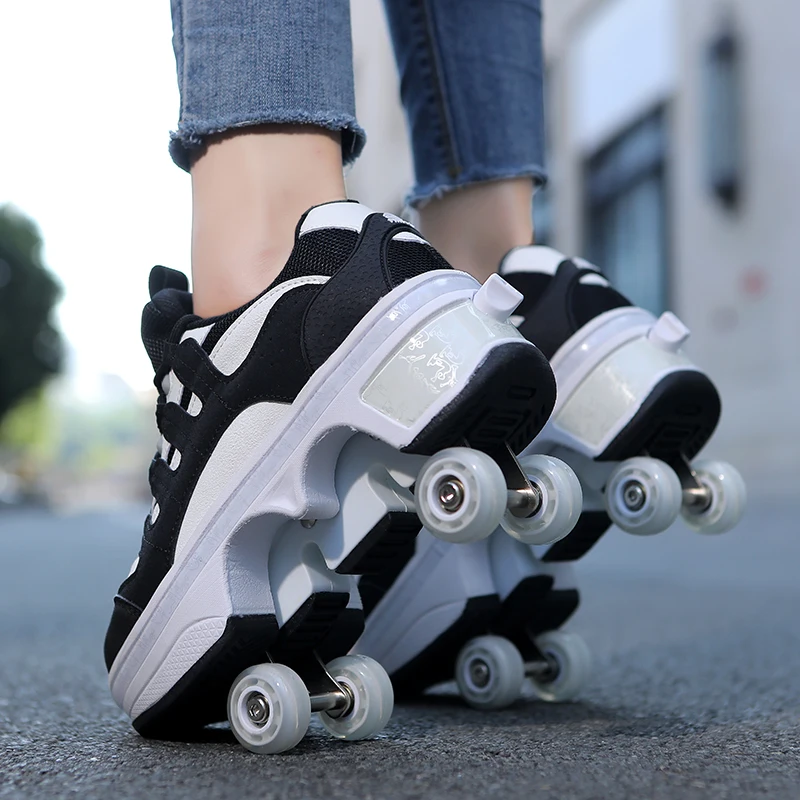 2024 new four-wheeled skate shoes for children and girls deformed men retractable shoes with rollers for girlsroller skates