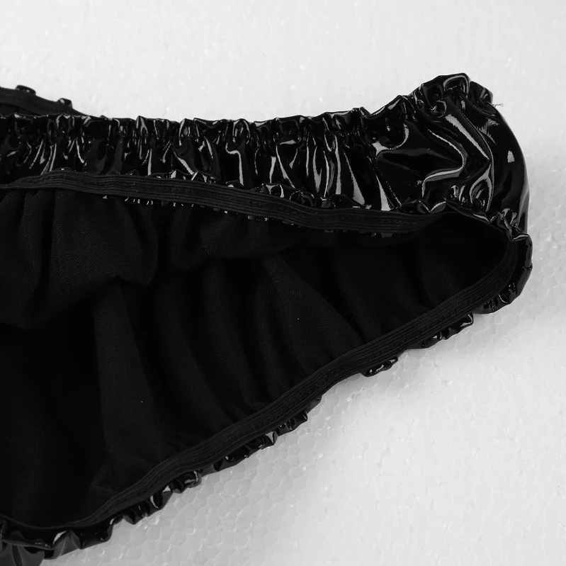 Низкая цена блестящий ПВХ гофрированный Бюстгальтер топ с трусиками Crossdress нижнее белье комплект бикини для