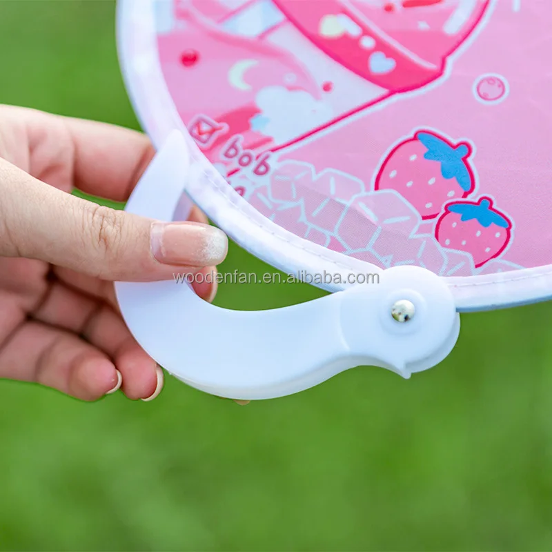 foldable nylon hand fan with bag round pocket pop up foldng fan gift handheld fabric fan for summer outdoor activity