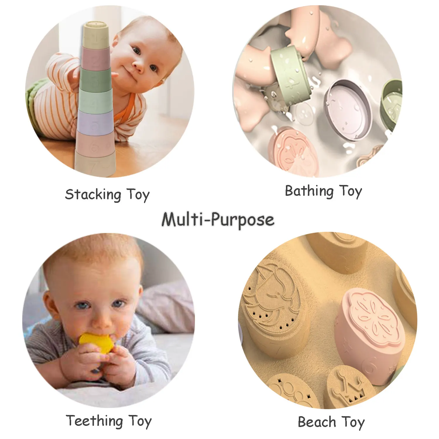 Educational Shower Toys Nesting Cups STEM Number Learning Pattern Silicone Teething Soft Building Blocks for Baby