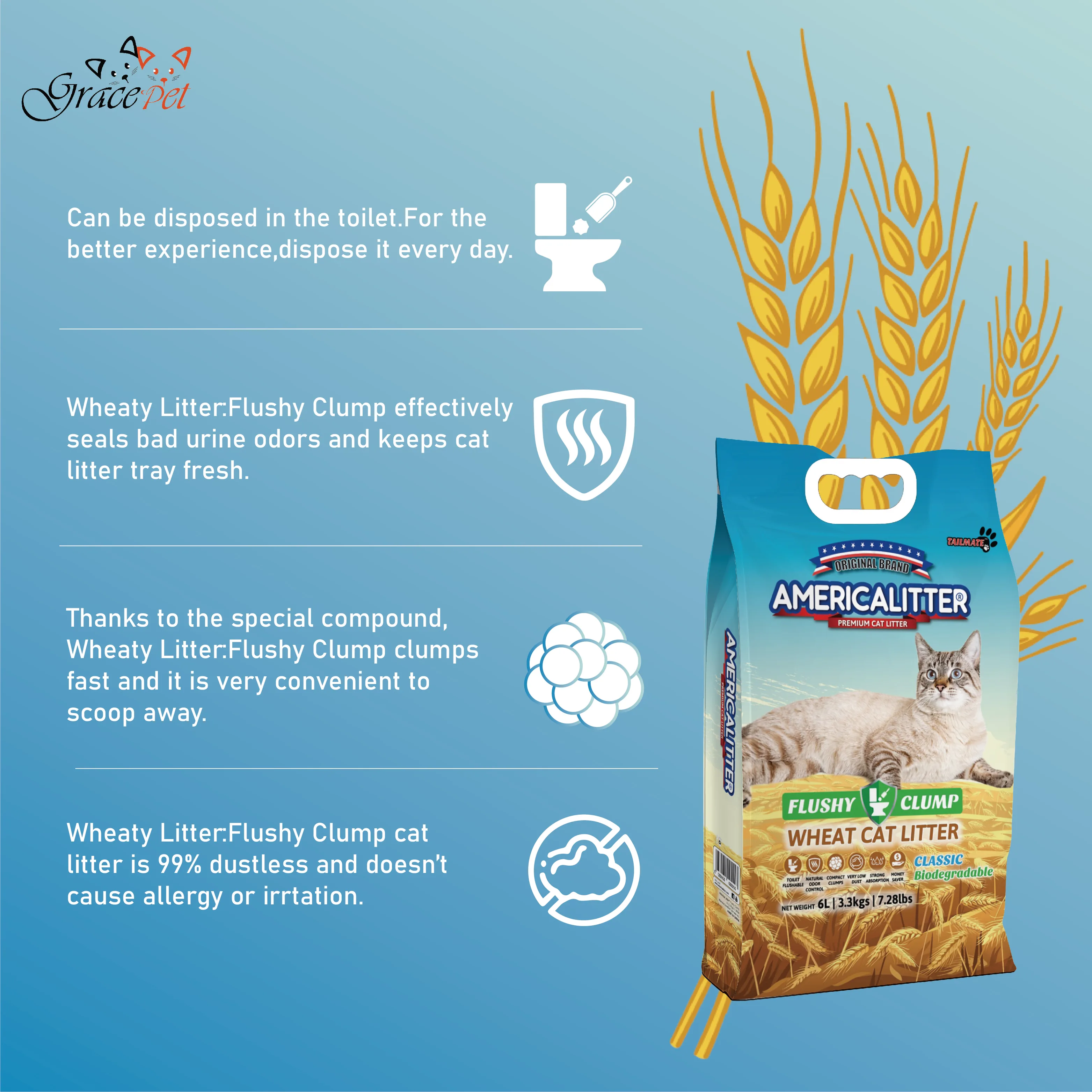 High quality Flushable America litter new product  Wheaty Cat Sand Organic Flushable  Arena de gato cat sand