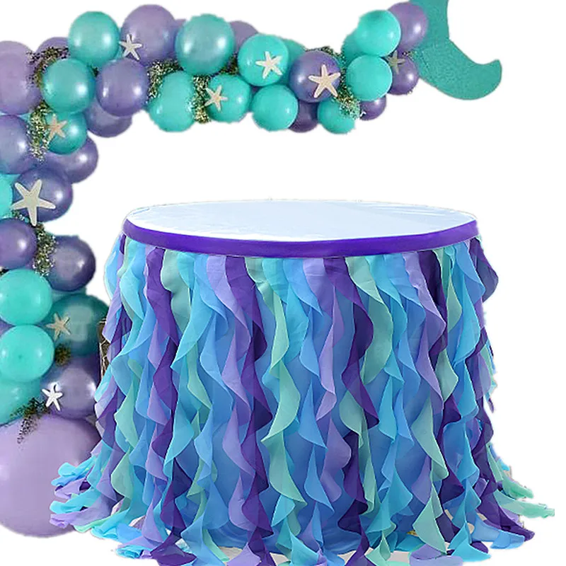 6ft Mermaid Curly Willow Tulle Ruffle Table Skirt for Baby Shower  hawaiian beach hula table skirt for holiday party