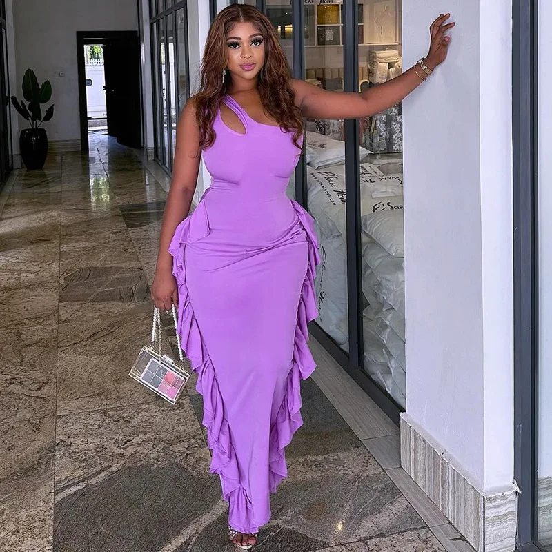 Women Sleeveless slimming Sexy Slanted collar flower sexy sleeveless hip wrap Sexy Slim Ruffled Dresses