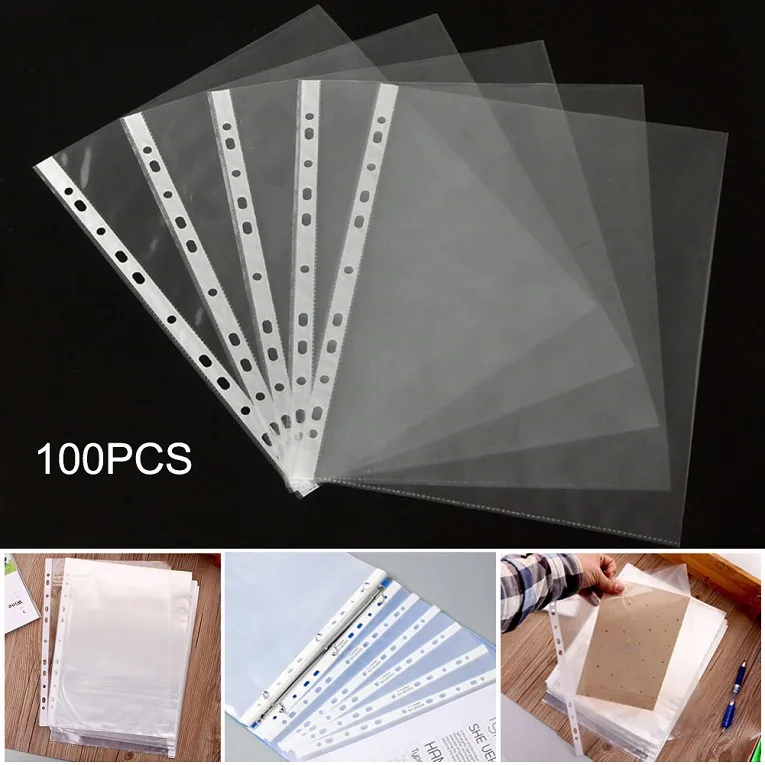 100pcs A4 Clear Plastic Punched Pockets Folders Filing Wallets Sleeves Untral Thin 11holes Loose Leaf Documents Sheet Protectors