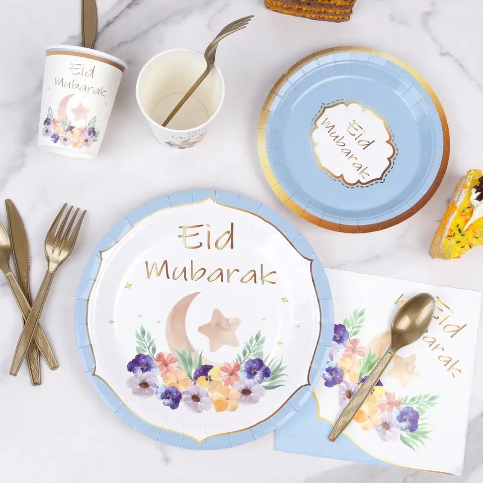 Partycool Muslin Eid Mubarak Wall Hanging Banner Ramadan Kareem Disposable Party Paper Tableware Plate Table Festival Decoration
