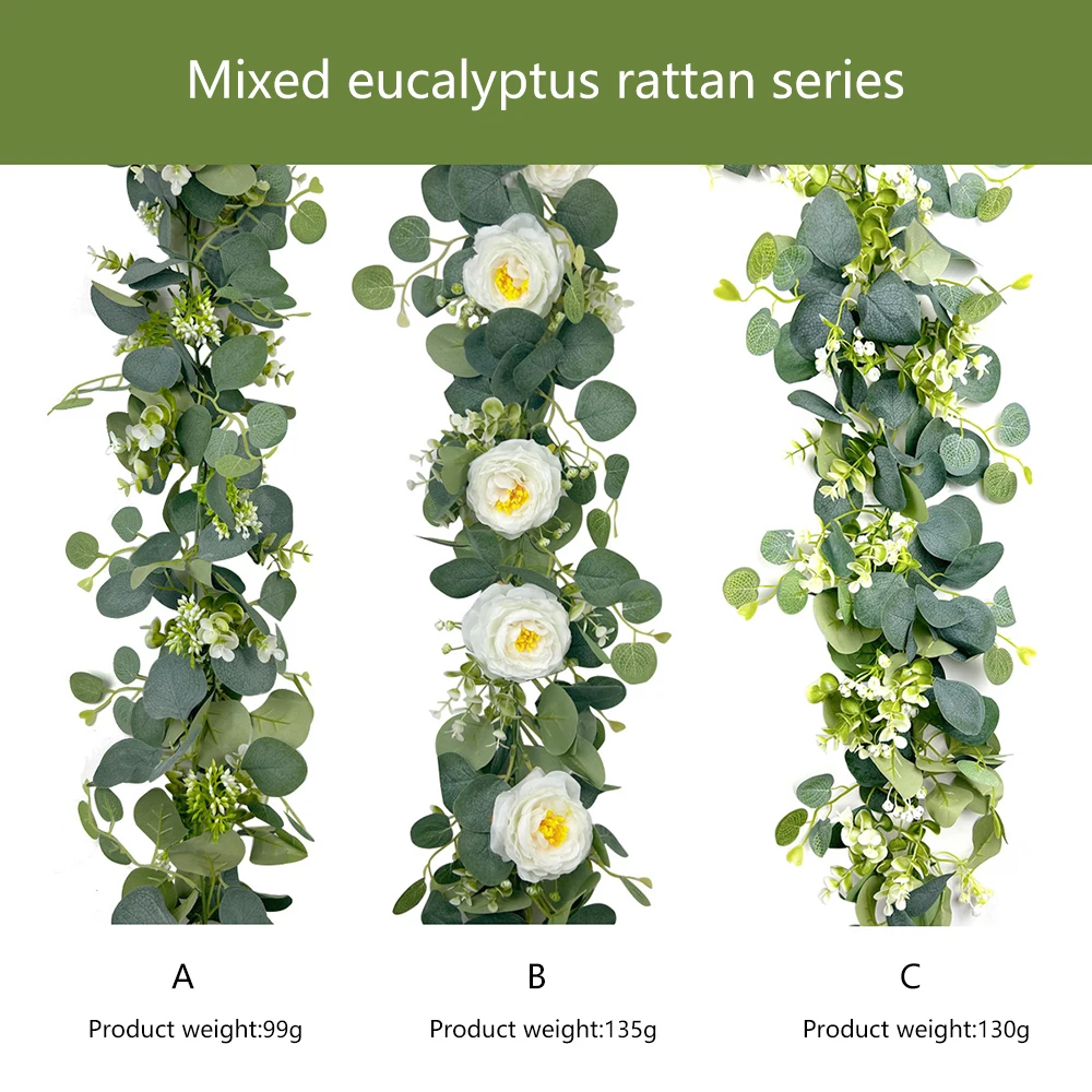70in/5.9ft Plastic Eucalyptus Garland Artificial Flower Camellia Rattan Faux Greenery DIY Leaf Vine for Home Indoor Front Decor