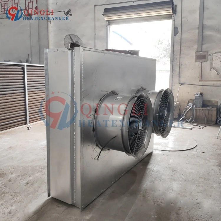 Industrial hot water to heating air heat exchanger with fan